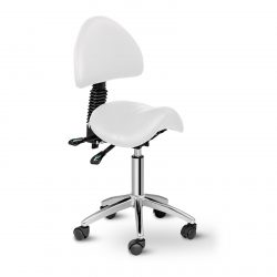 Sedlová stolička Physa BERLIN biela. Nastaviteľný sklon chrbtovej opierky na 90-120°sa výborne hodí do každého kaderníctva, salónu. Nosnosť 150 kg.