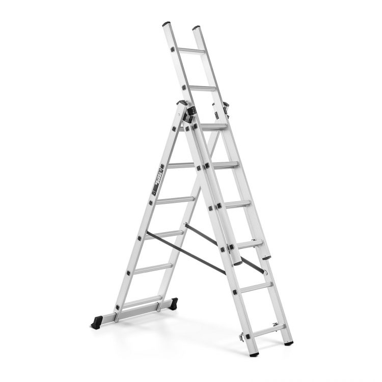 Hliníkový rebrík trojdielny - výška 3,45 m - 10060958 Hliníkový rebrík trojdielny - výška 3,45 m. Nosnosť 150 kg, všestranné využitie, max. pracovná výška 3,45 m. Priečny nosník s protišmykovými nožičkami.
