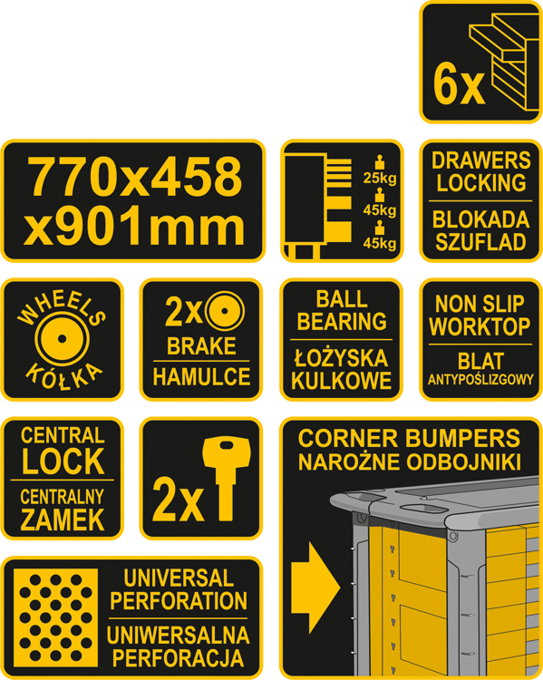 Dielenský vozík 6 zásuviek žltá  90,1 x 77 x 45,8 cm - 2