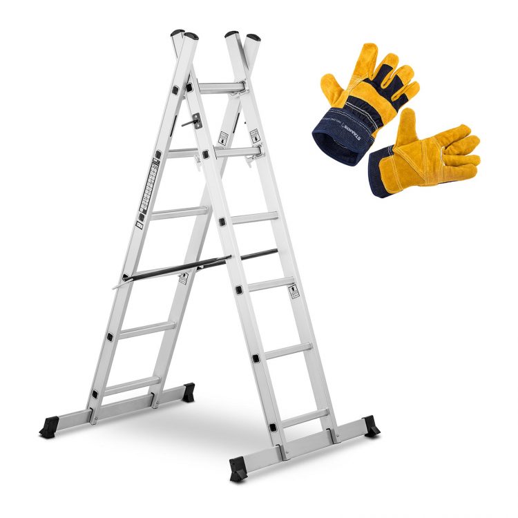 Hliníkový rebrík - multifunkčný + pracovné rukavice , model MSW-AB150-SET - 1, je praktický vďaka pracovnej výške od 172 do 270,7 cm. Zariadenie vyrží až 150 kg.