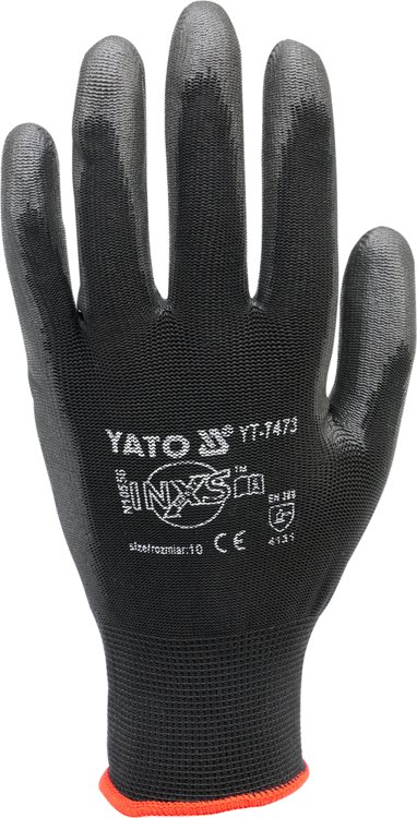 Pracovné rukavice | nylonová čierna YT-7473, potiahnuté polyuretánom na uchopovacej časti, hmotnosť 50 g, v súlade s normami EN388 a EN420.