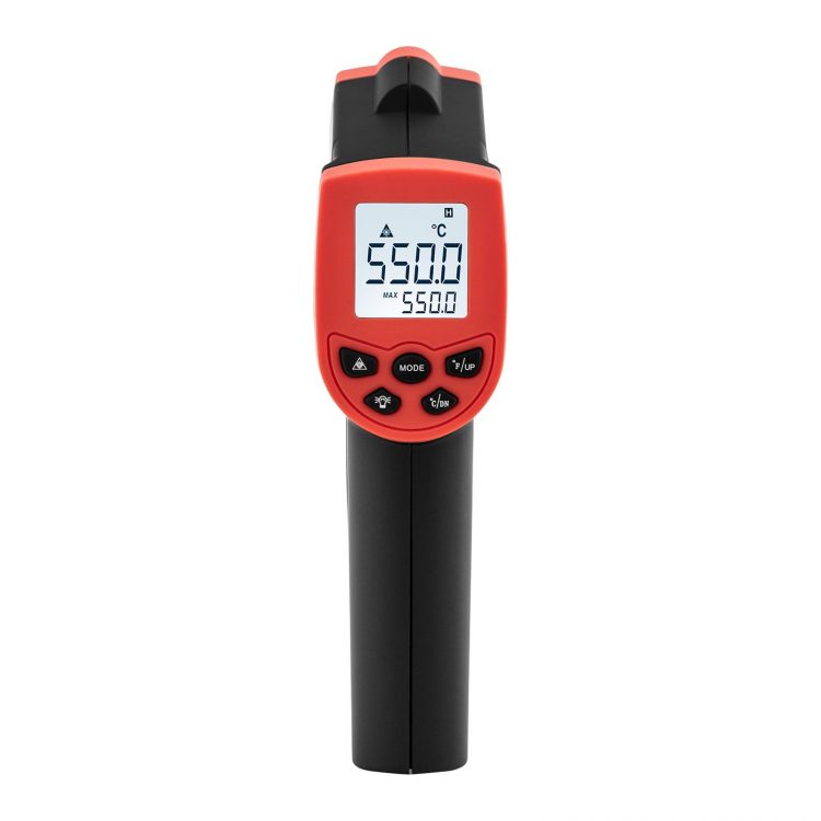 Laserový infračervený Pyrometer | od -50°C do 550°C, presnosť merania ± 3 ° C alebo ± 3%, LCD displej, konverzia z ° C na ° F. Využitie pri obrábaní kovov.