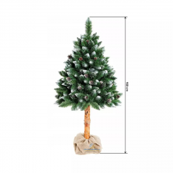 Umelý vianočný stromček borovica strieborná a šiška na pníku ECONOMIC | 160 cm, husté ihličie zakončené kryštálmi ľadu a šiškami, drevený pník stromčeka.