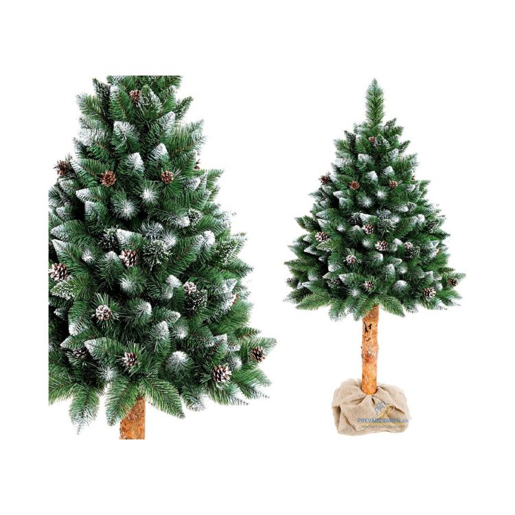 Umelý vianočný stromček borovica strieborná a šiška na pníku | 220 cm, husté ihliečie zakončené kryštálmi a šiskami, skutočné borovicové drevo pníka.