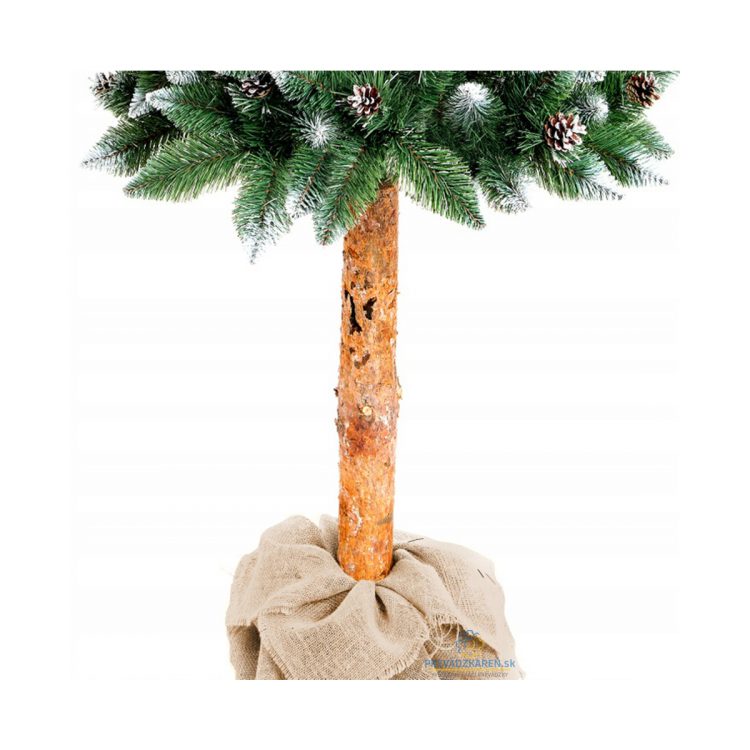 Umelý vianočný stromček borovica strieborná a šiška na pníku | 220 cm, husté ihliečie zakončené kryštálmi a šiskami, skutočné borovicové drevo pníka.