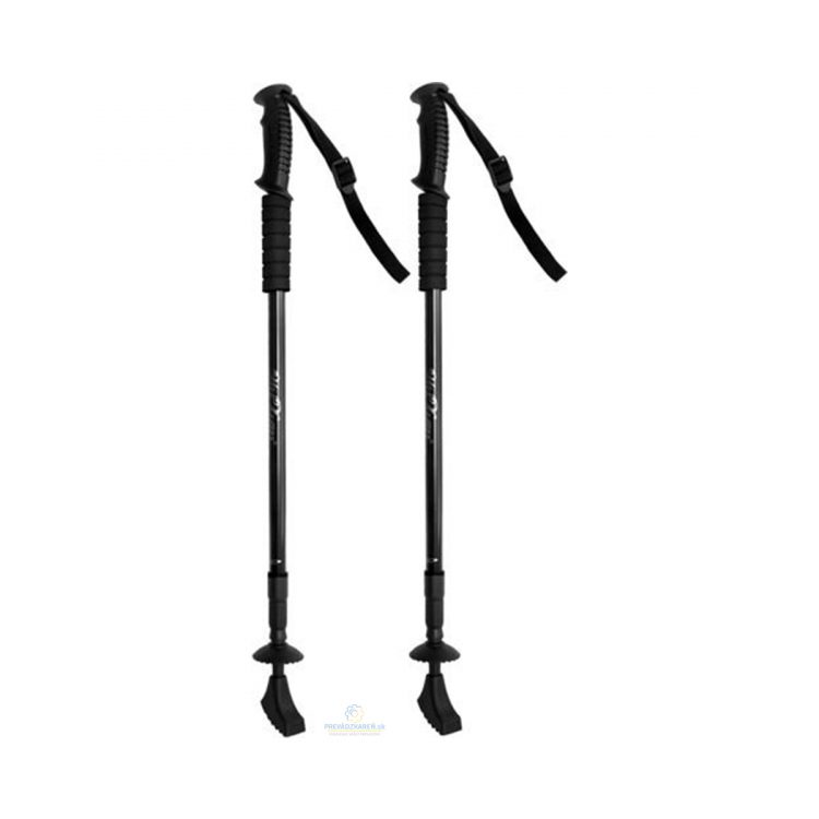 Trekingové palice - čierne | 65-140cm, teleskopické nastavenie potrebnej dĺžky. Pre outdoorové športy, obsahuje 4 hroty a 2 topánočky.
