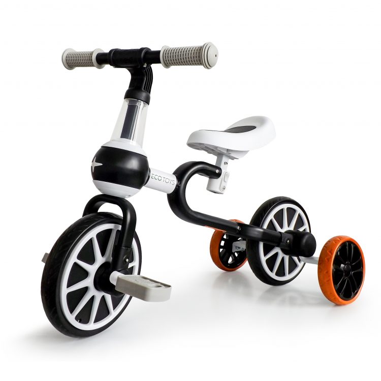 Detský bicykel a odrážadlo s pomocnými kolieskami 4v1 | čierna, pre deti od 2 rokov. Vďaka špeciálnej konštrukcii je možné používať v 4 variantách.