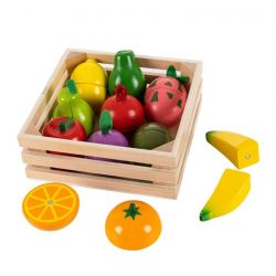 Drevená sada ovocie na krájanie + košík | 10ks, didaktická hračka pre deti, ktorá učí rozpoznávať druhy a farby ovocia, zároveň zvyšuje hmatové zručnosti.