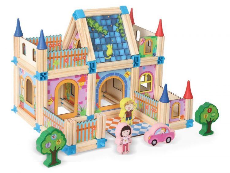 Drevená stavebnica zámok 6v1 | 128 ks, edukačná hračka, pre deti od 3 rokov, skladaním sa rozvíja predstavivosť, manuálne zručnosti a logické myslenie.