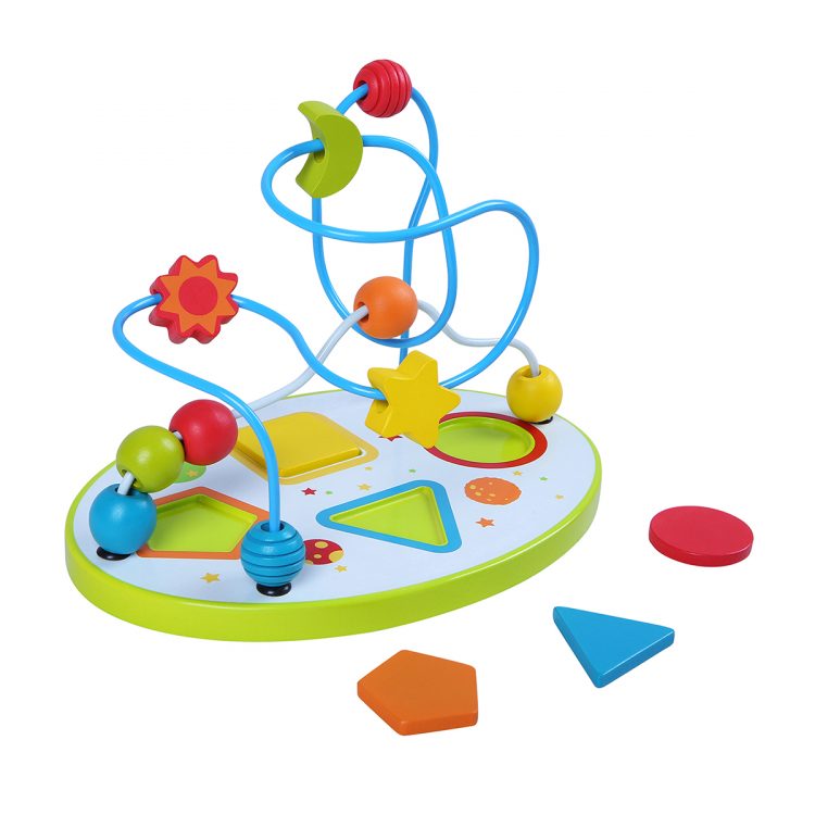 Farebný labyrint s korálikmi | 4 rôzne útvary, didaktická hračka, pre deti od 12 mesiacov, rozvoj detského myslenia a motoriky, farebné koráliky - 10 ks.
