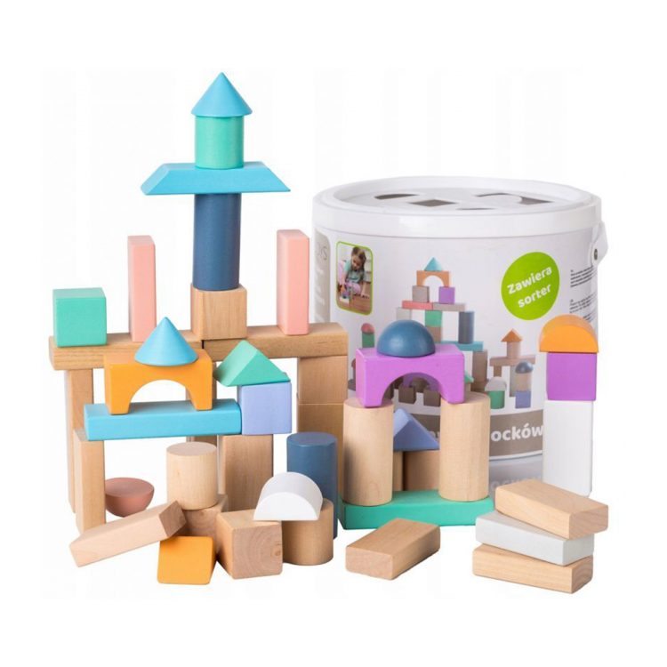 Sada drevených kociek  mesto | 50 ks + vedierko, edukačné hračky rozvíjajú vnemy, zrak, sluch, počítanie, slovná zásoba a všeobecnú predstavivosť.