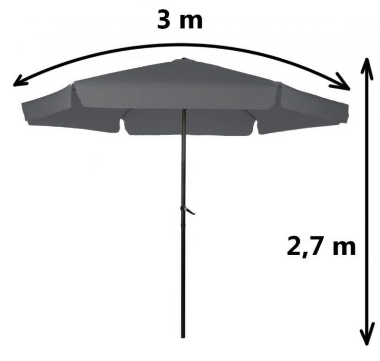 Slnečník na terasu šedý 300 cm | MU-300 DARK GREY, výška: 270 cm, materiál odolný proti dažďu a slnečným lúčom, vhodný na terasu, záhradu ku grilu.