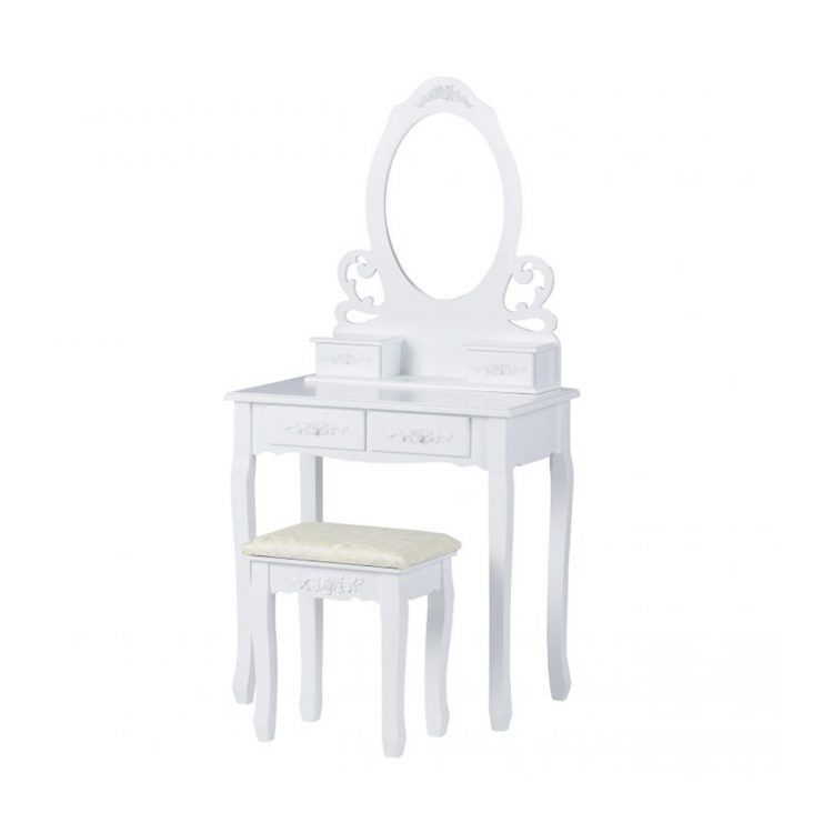 Toaletný stolík so zrkadlom + stolička | Ella, kozmetický stolík vyhotovený vo viktoriánskom štýle, s praktickým organizérom 4 zásuvkami pre každú dámu.