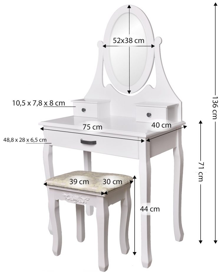 Toaletný stolík so zrkadlom + stolička | Riley, kozmetický stolík zhotovený v škandinávskom štýle, vhodný bytový doplnok do každej spálne a študentskej izby