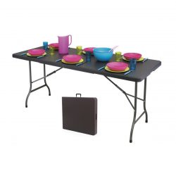 Záhradný skladací cateringový, banketový stôl | 180x75 cm hnedý - vzor ratan, max. zaťaženie 100 kg, jednoduché rozloženie, vhodný pre rodinné oslavy.