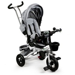 Detská trojkolka - otočná 360° | Deluxe šedá, poskytuje možnosť otočenia sedadla a umožňuje jeho nastavenie smerom k rodičovi alebo v smere jazdy.