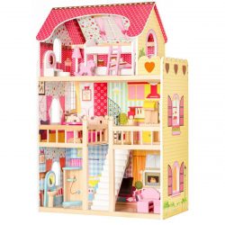 Drevený domček pre bábiky malinový | + 2 bábiky
