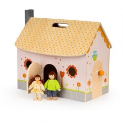Drevený otvorený domček pre bábiky | Ecotoys. Drevená otvorená konštrukcia ukrýva dve poschodia so 4 izbami, vysokými 13 cm. Sada obsahuje 9 drevených kusov