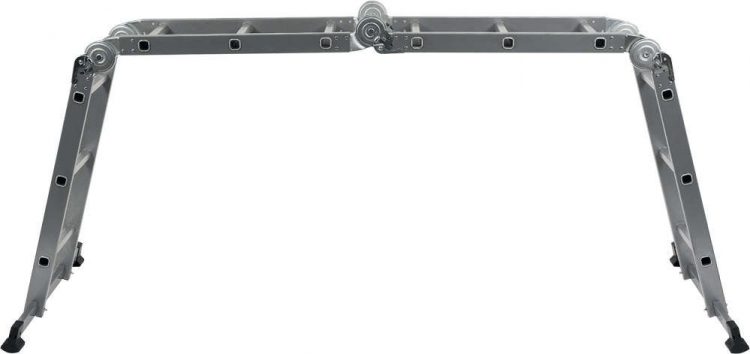 Hliníkový rebrík - multifunkčný | 4 x 3 stupne Skladá sa zo štyroch segmentov spojených silnými a odolnými spojmi, s maximálnou výškou 3,4 m.
