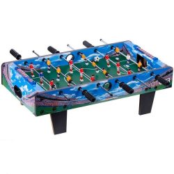 Malý stolný futbal | modrý. Stôl bol vyrobený z MDF dosky s použitím dýh so štadiónovou grafikou. Odolné vodidlá sú zakončené gumovými protišmykovými