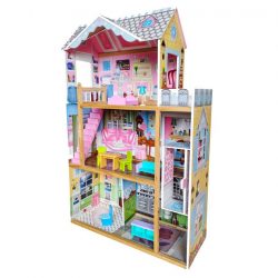 Drevený domček pre bábiky s výťahom a nábytkom | 4 izby, farebný realistický domček s nábytkom ako stvorený pre hru s bábikami pre vaše dievčatá.
