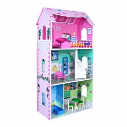 Drevený domček pre bábiky 8 ks nábytku | 3 poschodi, farebný, otvorený, domček s detailným nábytkom, ideálny pre hru a rozvoj predstavivosti a fantázie.