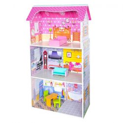 Drevený domček pre bábiky 5 ks nábytku | 3 poschodia, vysoký, farebný, detailnýdomček s nábytkom, ideálny pre hru a rozvoj predstavivosti.