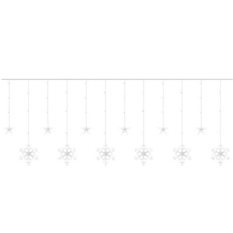 Vianočný svetelný záves | 138 LED biela, svetelný vianočný záves so snehovými vločkami a hviezdami. Je možné si navoliť až z 8 svetelných režimov.
