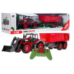 Detský traktor s prívesom s diaľkovým ovládačom | červený, Detský červený traktor s červeným prívesom a naberákom. S multifunkčným diaľkovým ovládaním.