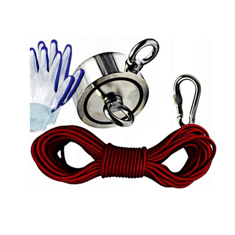 Neodýmový magnet KD10415 | rukavice a lano 140 kg. Silný magnet s dlhým lanom na vytiahnutie čohokoľvek z brehu alebo vodnej nádrže.