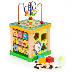 Drevená edukačná kocka + labyrint | herná doska Tic-Tac-Toe, pohyblivých prvkov, ktoré povzbudzujú k hre a rozvíjajú schopnosti dieťaťa.