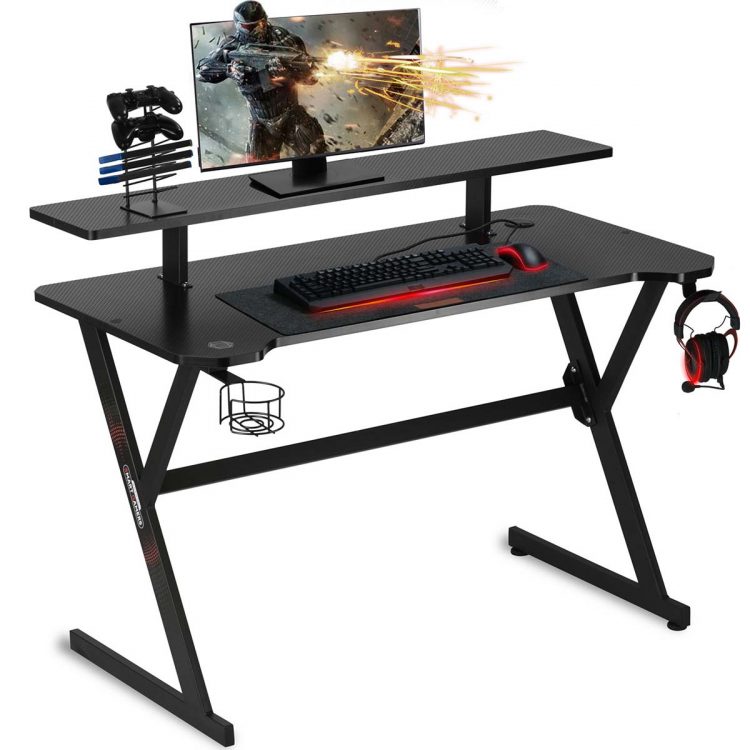 Počítačový herný stôl + podstavec a držiaky | čierny obsahuje držiak na slúchadlá, stojan na ovládače a hry, držiak na pohár.