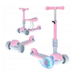 Detská trojkolesová kolobežka so sedadlom LED 3v1 | ružová kombinujúca funkcie kolobežky, trojkolky a skateboardu.