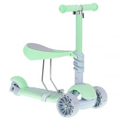 Detská trojkolesová kolobežka so sedadlom LED | zelená kombinujúca funkcie kolobežky, trojkolky a skateboardu.
