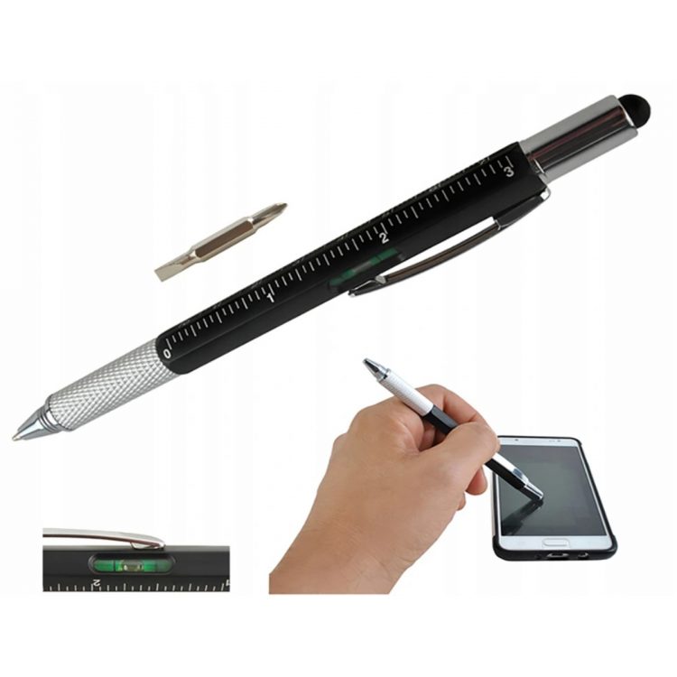 Multifunkčné pero - vodováha pravítko skrutkovač | 6v1 má zabudovanú vodováhu, dva skrutkovače, pravítko, pero pre dotykové obrazovky.