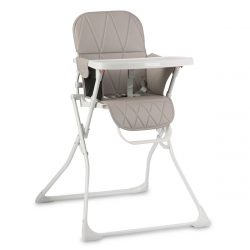 Skladacia detská jedálenská stolička | bielo-sivá používa 3-bodové bezpečnostné pásy na zaistenie stabilnej polohy dieťaťa.