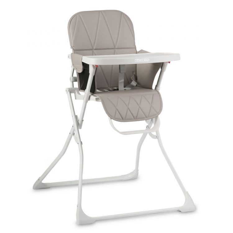 Skladacia detská jedálenská stolička | bielo-sivá používa 3-bodové bezpečnostné pásy na zaistenie stabilnej polohy dieťaťa.
