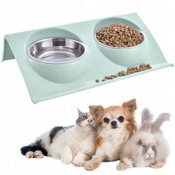 Miska pre psa a mačku dvojitá s podstavcom | 2x350ml má špeciálne profilovaný stojan, čo uľahčuje psovi jedenie alebo pitie.