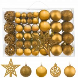 Vianočné ozdoby - gule + hviezda 100ks | zlaté majú matný, trblietavý a lesklý povrch. Súčasťou sú aj vianočné gule s pútavým povrchom.