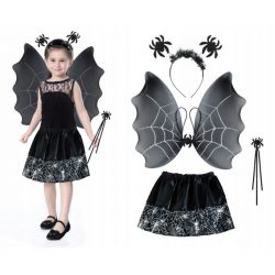 Detský kostým - čarodejnica | čierny obsahuje sukňu s gumičkou, krídla na gumičkách, čelenku a prútik. Čierna farba.