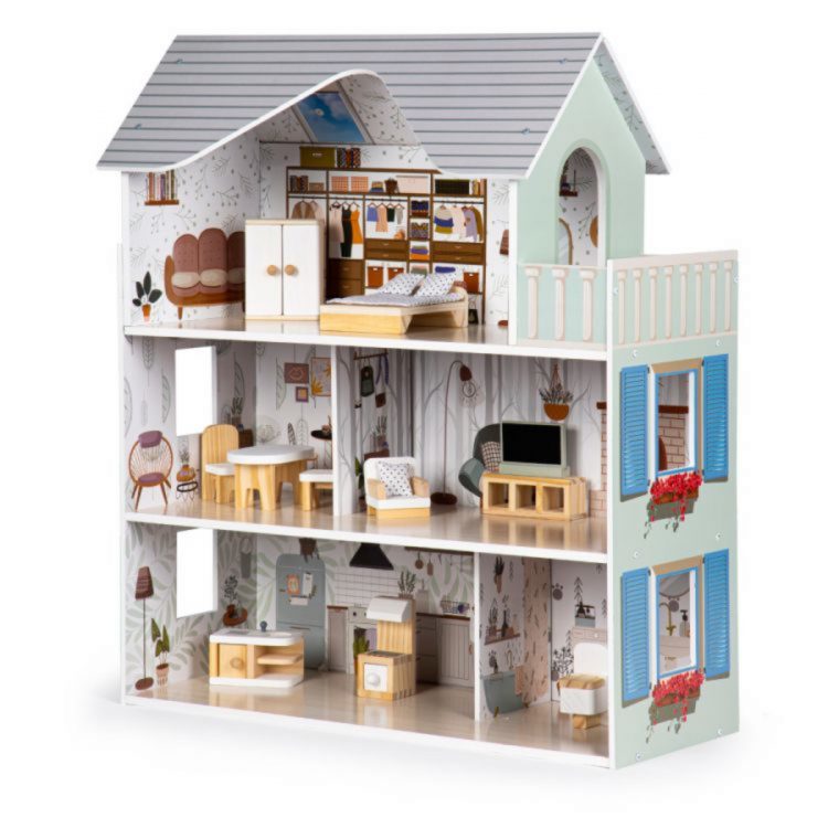 Drevený domček pre bábiky s nábytkom | Residence má 3 samostatné podlažia s celkom 4 izbami. Fantastický darček, ktorý môžete dať dieťaťu.