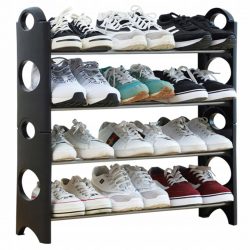 Skladací regál na topánky – botník | 12 párov sa skladá zo štyroch spojených blokov a 8 kusov trubíc na 12 párov topánok.
