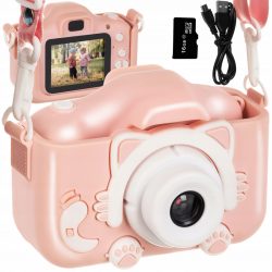 Detský digitálny fotoaparát + 32 GB micro SD | ružový má 6 rôznych funkcií: režim fotoaparátu, režim nahrávania, prehrávanie, hry a iné.