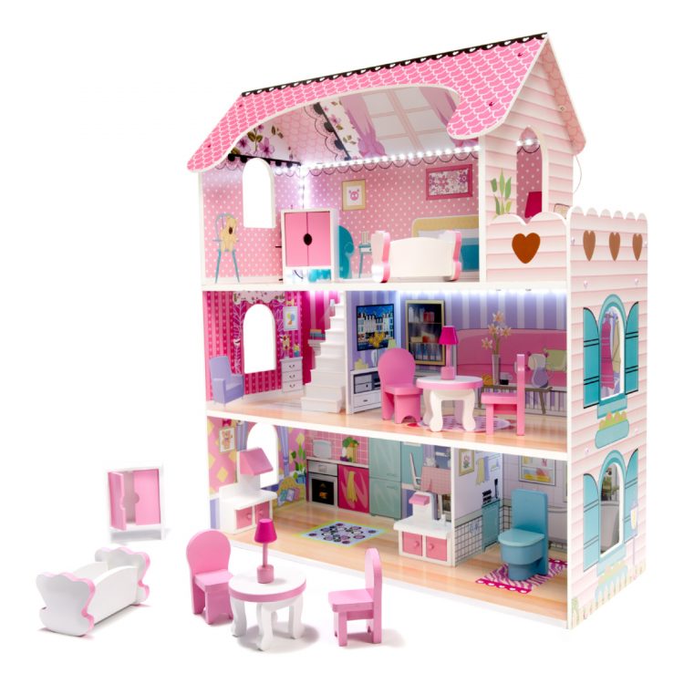 Drevený domček pre bábiky s nábytkom a LED svetlom | ružový dáva veľké možnosti pre zábavu a usporiadanie jednotlivých miestností.