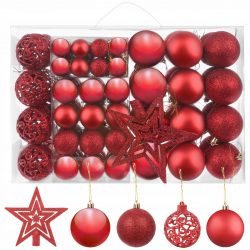 Vianočné gule - ozdoby + hviezda 100ks | červené - sada obsahuje matné ozdoby, trblietavé ozdoby, lesklé ozdoby, hviezdu.