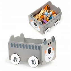 Detský drevený vozík na hračky – medvedík | sivý je ideálny ako úložisko na kocky a iné menšie hračky. Vozík je celý vyrobený z dreva.
