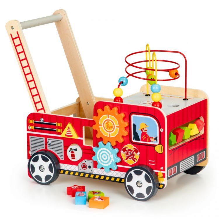 Drevené detské vzdelávacie chodítko - hasičské auto - je vyrobené z vybraných kvalitných materiálov, špeciálne pre malé deti.