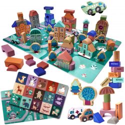 Drevené vzdelávacie kocky s puzzle podložkou – mesto | 181ks potešia detailmi, farebné vozidlá a budovy upútajú pozornosť každého dieťaťa.