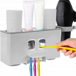 Automatický dávkovač zubnej pasty - dvojitý + 4 poháre - má 2 miesta na zubnú pastu a držiaky pre 5 kefiek. Sada obsahuje 4 poháre.