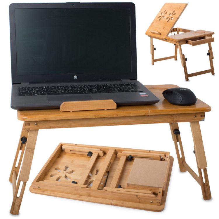 Drevený stolík pod notebook - skladací s ventiláciou sa hodí k akémukoľvek typu notebooku. Má nastaviteľné nohy a nastaviteľný uhol sklonu.
